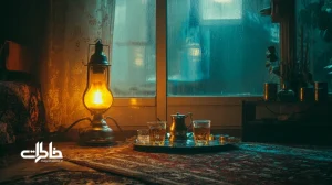 چراغ علاءالدین روشن با نور زرد مهربان در شب زمستان؛ شیشه بخارگرفته، فرش ایرانی و دورهمی خانوادگی؛ نوستالژی کرسی و گرمای زمستان قدیم
