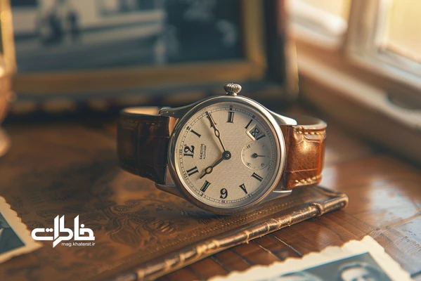 تصویر ساعت مچی عقربه‌ای کلاسیک با بند چرمی قهوه‌ای و صفحه سفید؛ هدیه خاطره‌انگیز با نوستالژی ساعت و تیک‌تاک آرام روی میز چوبی