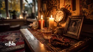 صحنه‌ای ایرانی از سالگرد و چهلم با قاب عکس سیاه‌وسفید، شمع، چای زعفرانی و ساعت؛ نمایانگر نقش زمان به‌عنوان مرهم در یادبود و خاطرات.