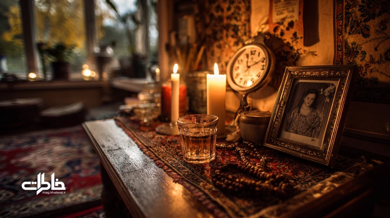 صحنه‌ای ایرانی از سالگرد و چهلم با قاب عکس سیاه‌وسفید، شمع، چای زعفرانی و ساعت؛ نمایانگر نقش زمان به‌عنوان مرهم در یادبود و خاطرات.
