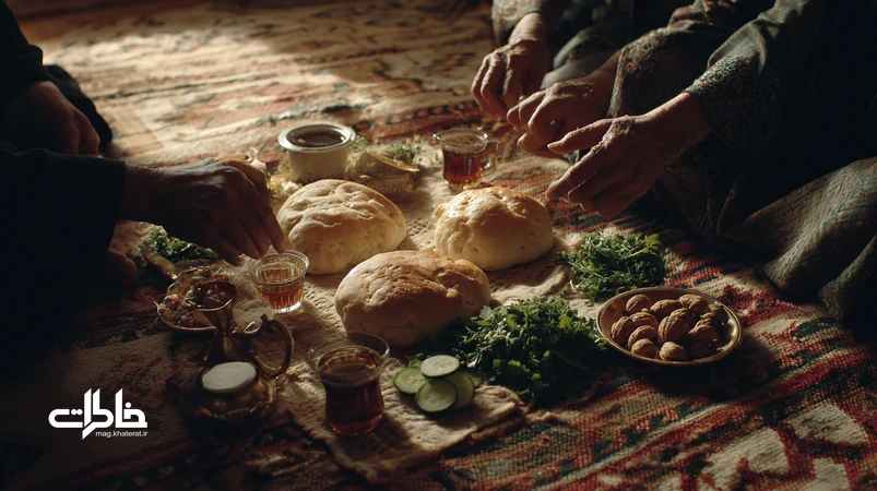 سفرهٔ سادهٔ نان و نمک با نان سنگک، سبزی، پنیر و چای؛ نماد مهماننوازی ایرانی و دورهمی کمهزینه برای تقویت رفاقت و اعتماد.