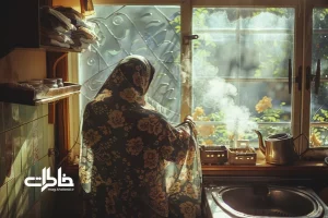 تصویر نوستالژیک از چارقد گلدار در خانه ایرانی؛ پارچه آهارخورده، سنجاق قدیمی و نور صبحگاهی؛ بازخوانی پوشش سنتی زنان در استایل مادران ایرانی.