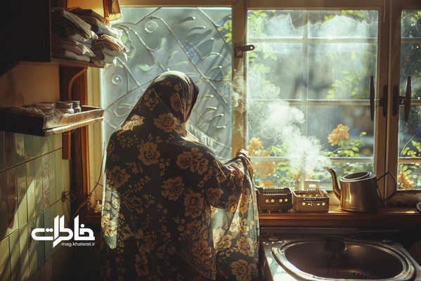 تصویر نوستالژیک از چارقد گلدار در خانه ایرانی؛ پارچه آهارخورده، سنجاق قدیمی و نور صبحگاهی؛ بازخوانی پوشش سنتی زنان در استایل مادران ایرانی.