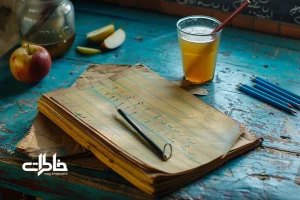 تصویر دفتر مشق کاهی با خط‌کشی آبی، مداد سیاه و چای عصرگاهی؛ نوستالژی مشق شب در خانه‌های ایرانی دهه ۶۰ و ۷۰. دفتر کاهی