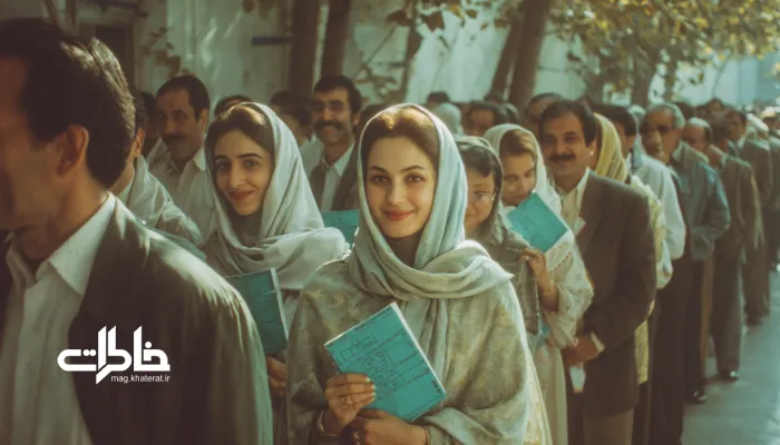 صف رأیگیری انتخابات ۱۳۷۶ در حیاط مدرسه، زنان با شالهای افتاده روی گردن و مردان مرتب در صفی منظم و آرام، نور صبحگاهی و حس امید جمعی.