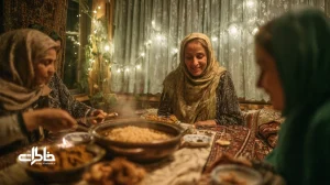 جشن غدیر در خانه‌ها با اطعام ساده و شادی بزرگ؛ سفره ایرانی روی زمین، چراغ‌های ریسه، خانواده و همسایه‌ها در حال پذیرایی و لبخند