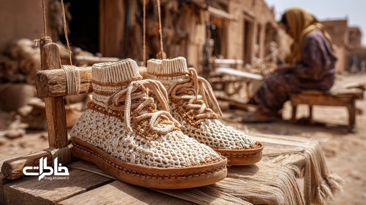 گیوه دستبافت روی کوچه خاکی در تابستان با رویه بافتنی نخی و کفی چرمی؛ کفش محلی ایرانی سبک و خنک برای سبک‌زندگی پایدار