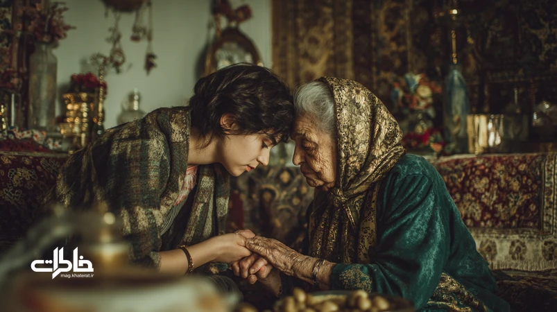 صحنه‌ای محترمانه از دست‌بوسی بزرگ‌تر در دیدار نوروزی؛ نماد احترام بین‌نسلی، پیوند خانواده و آداب خانوادگی در فرهنگ ایرانی، با فضای نوستالژیک و گرم.
