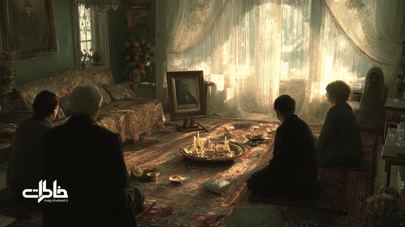 تصویر ترحیم خانگی با سوگ آرام در خانه ایرانی؛ قاب عکس مشکی، شمع‌های ایمن، سینی چای و خرما روی فرش ایرانی و جمع خانواده در سکوت