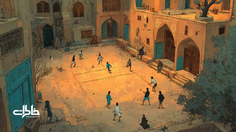 بازی کبدی با ریشههای ایرانی در حیاطی خاکی؛ مهاجم در حال لمس و بازگشت، تیم دفاع هماهنگ؛ نور غروب، حس نوستالژی و پیوند فرهنگی نسلها.