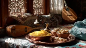 تصویر نوستالژیک از ختنه‌سوران در خانه ایرانی با سینی نقل و سکه، شله‌زرد، سماور و جمع خانوادگی؛ روایت آیین گذار و پذیرش جمع.