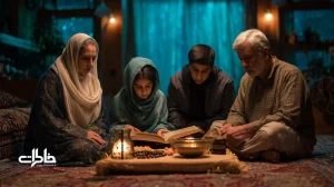 خانواده ایرانی در شب قدر خانگی با قرآن به‌سر؛ نور ملایم، سفره ساده، گلاب و حس آرامش جمعی برای ساختن خاطرات ماندگار.