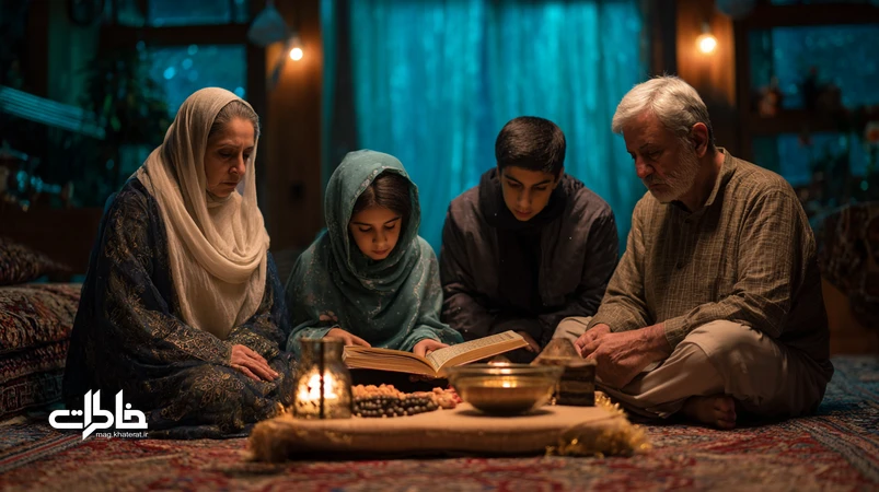 خانواده ایرانی در شب قدر خانگی با قرآن به‌سر؛ نور ملایم، سفره ساده، گلاب و حس آرامش جمعی برای ساختن خاطرات ماندگار.
