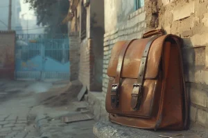کیف مدرسه چرمی قدیمی با قفل فلزی در کوچه صبحگاهی تهران؛ بوی چرم و حس نوستالژیک مدرسه دهه ۶۰ و ۷۰. کیف چرمی