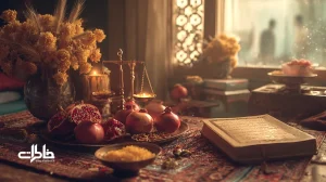 سفره مهرگان با آینه و شمع، انار و سیب، خوشه گندم و نماد ترازو؛ صحنه‌ای پاییزی و نوستالژیک برای جشن مهر و عدالت در فرهنگ ایرانی
