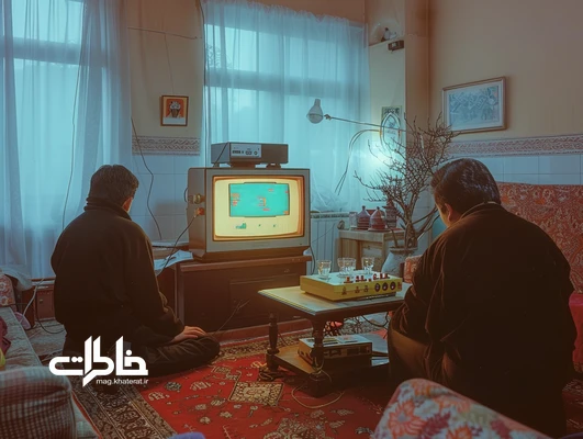 میکرو؛ کنسول بازی قدیمی کنار تلویزیون لامپی با دسته‌ بازی سیم‌دار و کارتریج چندبازی در اتاق پذیرایی ایرانی
