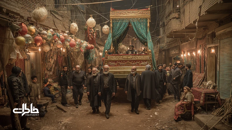 نخلبرداری و علمکشی در کوچه ایرانی؛ نخل مشکی با آینهها و علم بلند با پارچههای رنگی در غروب محرم، جمعیت محلی در حال عزاداری