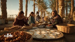 صحنه‌ای از جشن «نخل و نان» در جنوب ایران با نخل‌ها، ساج نان‌پزی، سبدهای خرما و جمع خانوادگی در نور غروب.