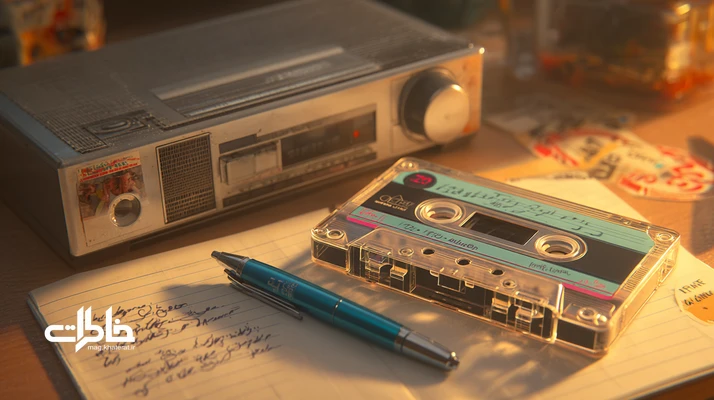 نمای نزدیک نوار کاست نوستالژیک با برچسب دست‌نویس فارسی، واکمن و خودکار برای بازپیچی؛ یادآور میکس‌تیپ و ضبط از رادیو در نوجوانی ایرانی