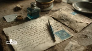 نامه‌های دست‌نویس ایرانی روی کاغذ کرم با جوهر خودنویس آبی، پاکت نامه مهرخورده و تمبر قدیمی روی میز چوبی؛ حس نوستالژی و انتظار پست