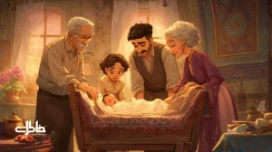 صحنه‌ای نوستالژیک از نام‌گذاری نوزاد در خانواده ایرانی با گهواره، سماور و خوشنویسی نام؛ پیوند صدا، نسب و خاطره در فرهنگ ایرانی