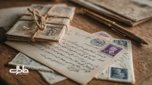 کارت پستال قدیمی سفر با حاشیه سفید، دست‌نوشته فارسی و تمبر؛ یادگاری سفر و پل تصویری-عاطفی