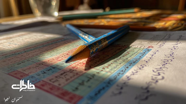 تصویر مداد قرمز–آبی روی دفتر مشق کاهی با تیتر آبی و تیکهای قرمز؛ نوستالژی خاطرات دبستان، تصحیح مشق و دقت و نظم در آموزش ابتدایی.