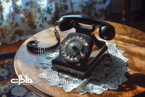 کلوزآپ تلفن چرخشی قدیمی با صفحه شماره‌گیر گرد و حس بوق انتظار در اتاق ایرانی دهه شصت