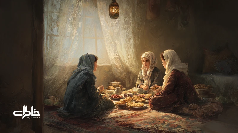 تصویر نوستالژیک افطاری ساده ایرانی با چراغهای گرم؛ نماد روزه، ریاضت دل و همسفرگی مهربان در فرهنگ رمضان