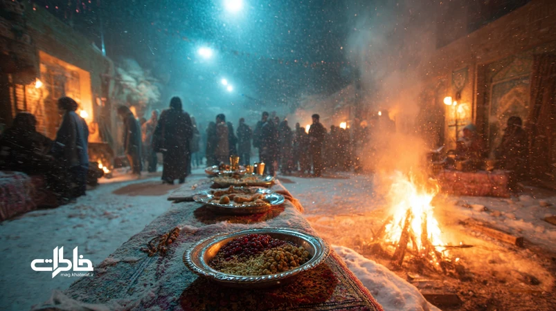 تصویر جشن سده در شب زمستانی با آتشدان، خانواده‌های گردآمده، سینی مسی با انار و خشکبار؛ نماد آتشِ دوام و نوستالژی ایرانی