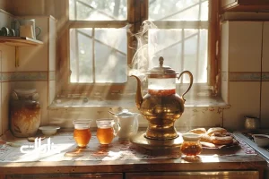 سماور زغالی برنجی با بخار صبحگاهی و قوری چینی روی سینی مسی، استکان کمرباریک و چای کهربایی؛ بازتاب فرهنگ چای ایرانی