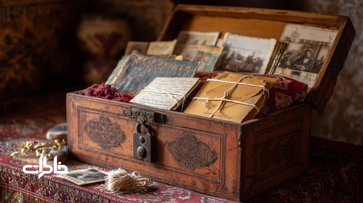 تصویر صندوقچه قدیمی ایرانی با قفل فلزی، منسوجات جهاز، عکس و سند قدیمی؛ نماد یادگاری‌های خانوادگی و میراث ایرانی