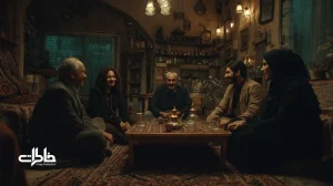 دورهمی ایرانی در حال بازی شاه دزد وزیر با کارت‌های نقش و حال‌وهوای نوستالژیک؛ خنده، رمزگویی و حس صمیمیت در فضایی گرم و خانگی.