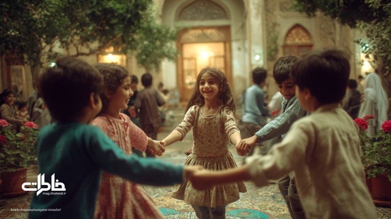 کودکان ایرانی در عصر تابستانی در حال بازی شمع گل پروانه در حیاط؛ حلقهٔ دست‌ها، ریتم و نوستالژی، با حس همکاری و خنده‌های کودکانه.خنده‌های کودکانه