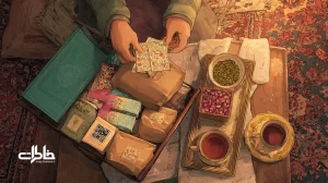 صحنه‌ای نوستالژیک از سوغات‌گردانی در خانه ایرانی با باز شدن بقچهٔ سوغات؛ تقسیم هدیهٔ سفر، بسته‌بندی بوم‌دوست و کارتکست روایت سفر.