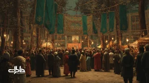 صحنهٔ تعزیه در غروب با پرچم‌های سبز و سیاه، بازیگران با لباس‌های آیینی و نور چراغ‌ها؛ تجسمی نوستالژیک از تئاتر آیینی و خاطرهٔ جمعی ایرانی