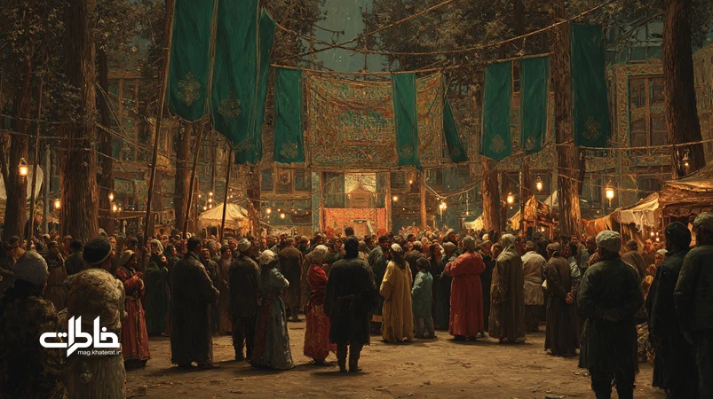 صحنهٔ تعزیه در غروب با پرچمهای سبز و سیاه، بازیگران با لباسهای آیینی و نور چراغها؛ تجسمی نوستالژیک از تئاتر آیینی و خاطرهٔ جمعی ایرانی