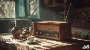 رادیو ترانزیستوری قدیمی با آنتن باز در اتاق نشیمن ایرانی؛ رسانه نوستالژیک که صدای جهان را به گوشه خانه‌ها آورد.