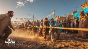 صحنه‌ای از طناب‌کشی در جشن محلی ایران با شرکت‌کنندگان متنوع، شور جمعی و رنگ‌های سنتی؛ نمادی از اتحاد، رقابت سالم و نوستالژی