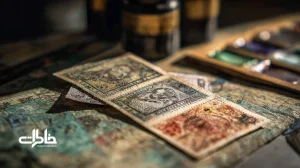 کلوزآپ تمبرهای قدیمی ایران روی آلبوم تمبر با ذره‌بین — تمبر قدیمی، ارزش تمبر تاریخی و مجموعه‌داری تمبر