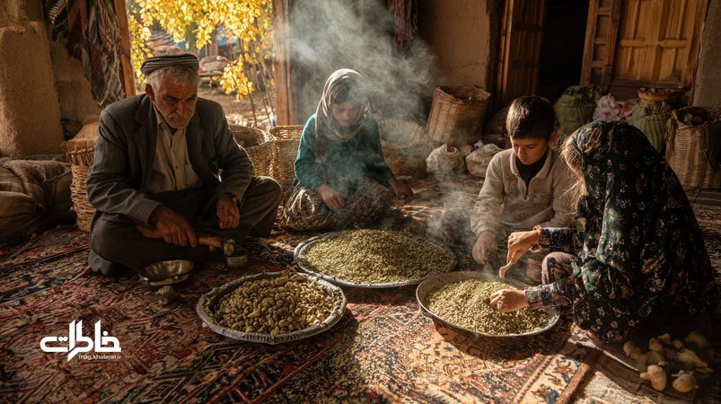 جشن برداشت گردو و بادام در روستای کوهستانی ایران با سینی‌های مسی، کیلیم رنگی، صدای گردوشکن و همیاری خانواده؛ روایت اقتصاد خاطره