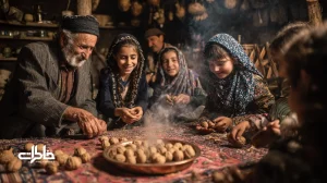 مسابقه گردوشکستن در شب‌های محلی ایران؛ دورهمی پاییزی خانواده و همسایه‌ها کنار سینی مسی، با حال‌وهوای نوستالژیک و شادی جمعی.