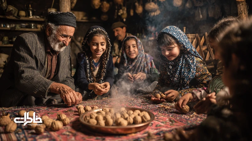 مسابقه گردوشکستن در شبهای محلی ایران؛ دورهمی پاییزی خانواده و همسایهها کنار سینی مسی، با حالوهوای نوستالژیک و شادی جمعی.