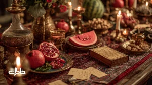میز روایت شب یلدا با انار، هندوانه، دیوان حافظ و شمع؛ چیدمان نوستالژیک برای مهندسی خاطرات خانوادگی.