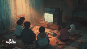 اتاق ایرانی دهه‌۷۰ با تلویزیون CRT، کنسول‌های سگا و پلی‌استیشن، کودکان نشسته روی فرش و حال‌وهوای نوستالژیک بازی‌های ویدئویی