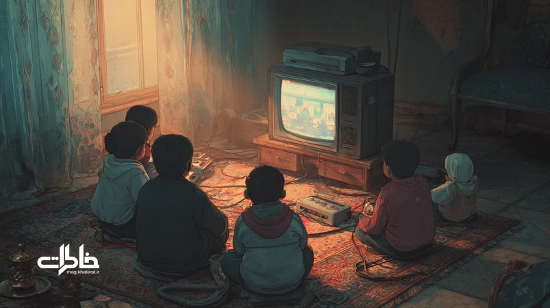 اتاق ایرانی دهه۷۰ با تلویزیون CRT، کنسولهای سگا و پلیاستیشن، کودکان نشسته روی فرش و حالوهوای نوستالژیک بازیهای ویدئویی