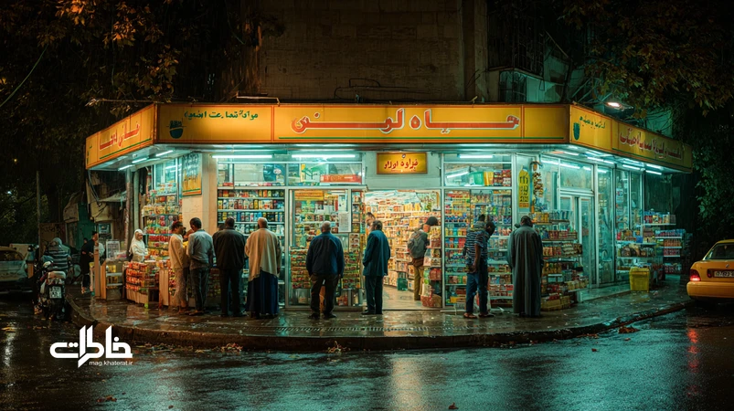 سوپرمارکت شبانه‌روزی در خیابان محلی ایران با نور مهتابی، مشتریان شبانه و ویترین روشن؛ بازتاب ریتم‌های خرد زندگی شهری و آیین خرید شبانه.