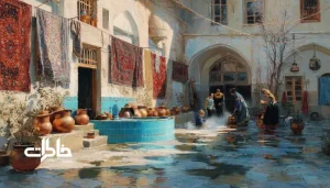 خانه‌تکانی در حیاط ایرانی با فرش‌های خیس، دیگ مسی براق و نور اسفند بر سنگ‌فرش‌ها