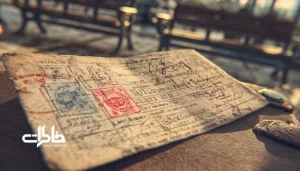 بلیت قطار قدیمی که با جوهر آبی و مهرهای قرمز دست‌نویس تاریخ، بر روی مقوای زبر و خش‌خش‌دار. مجله خاطرات