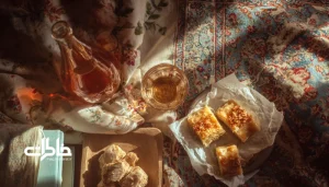 سوغات شهرهای ایران شامل باقلوای یزدی، کلوچه فومن، گلاب قمصر و ترمه، چیده‌شده روی سفره‌ای گرم و نوستالژیک. مجله خاطرات